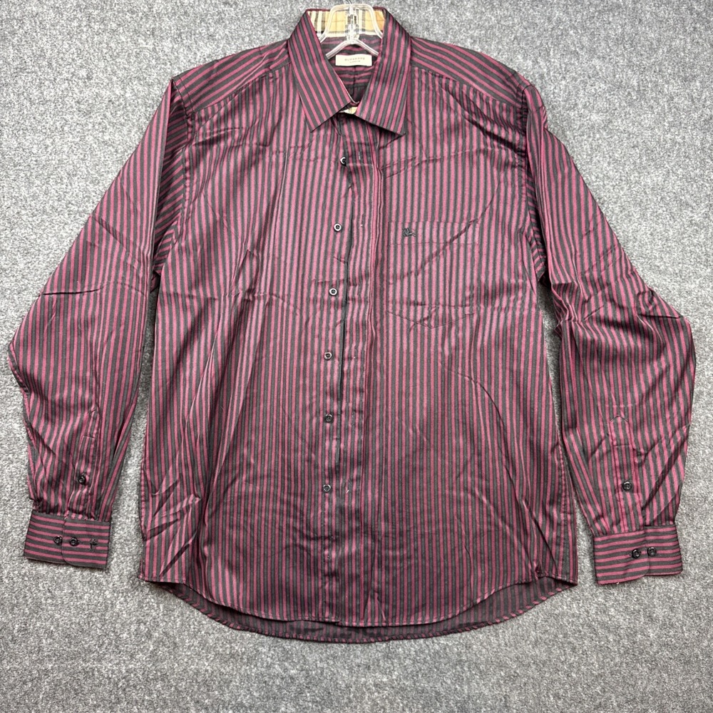 Burberry London Men's Red Black Striped Long Sleeve Button Shirt Size L